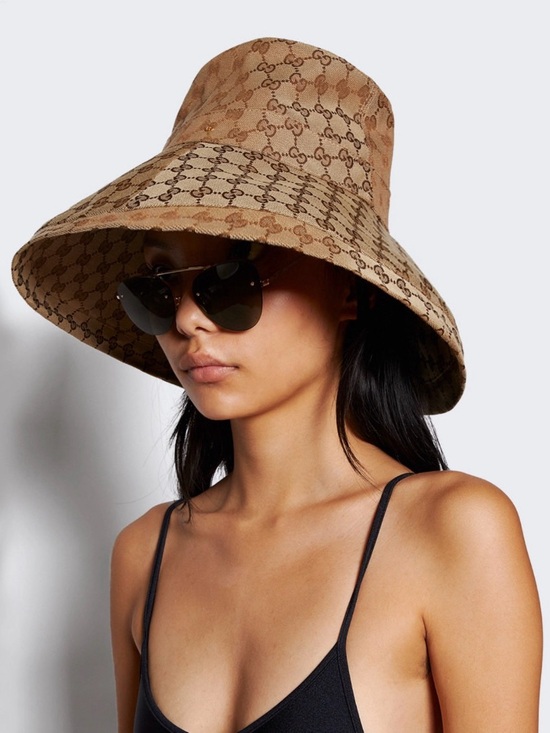 Brim Accessories - Large Jacquard Canvas Bucket Hat w Wide Brim Beige Monogram Beach Sun Coverage